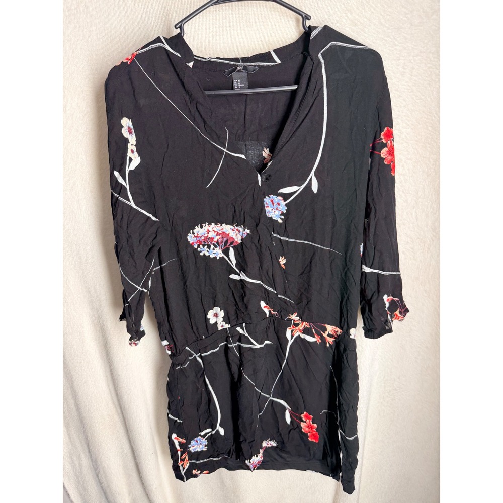 H&M Floral Wrap V-Neck Dress Black Red Blue 3/4 Sleeve Size 10